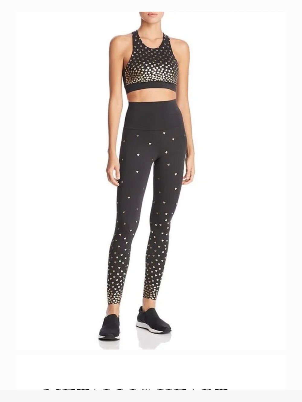 Beach Riot Black Leggings with Gold Heart Motif plus sports bra set